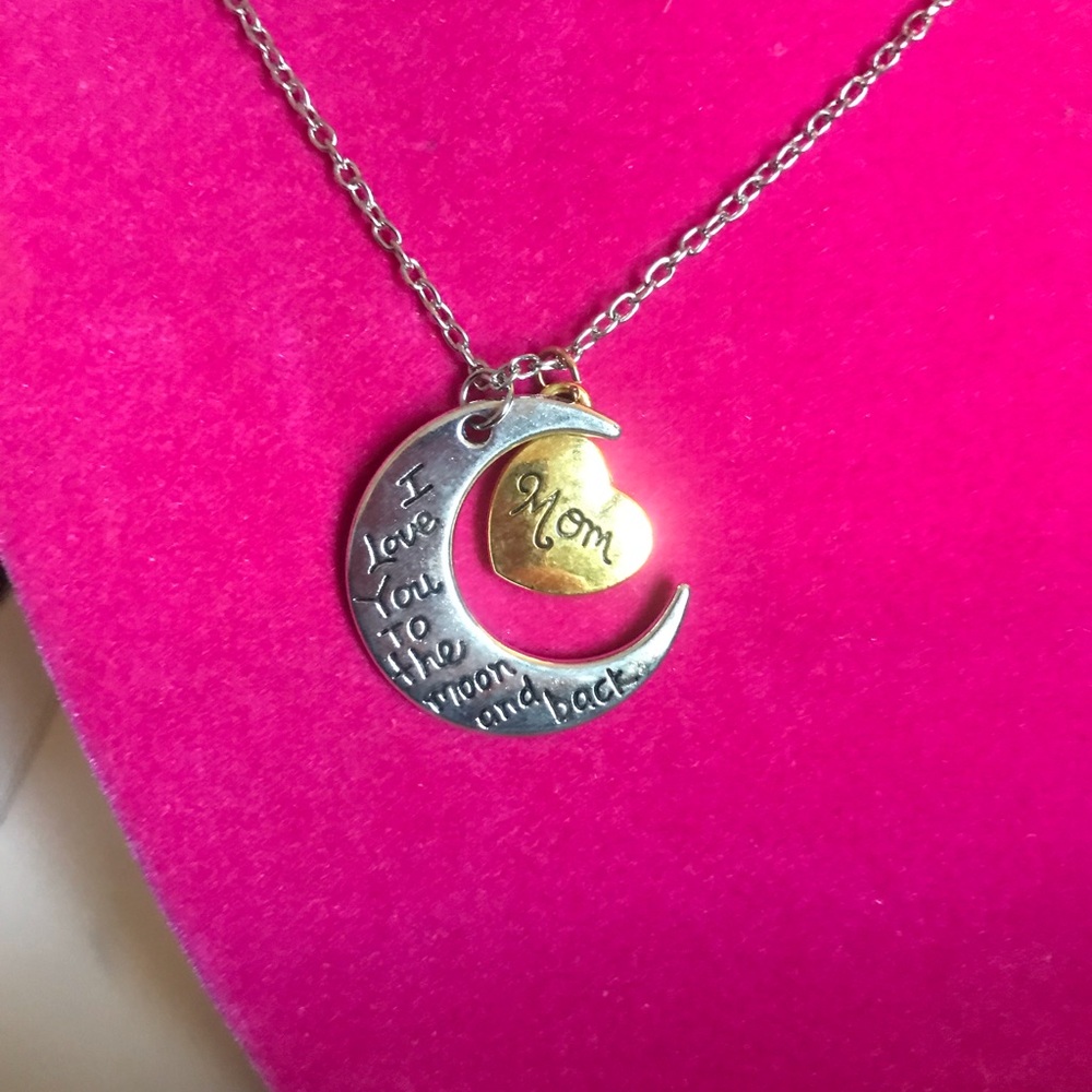 Moon and Heart 'Mom' Pendant Necklace - Silver & Gold